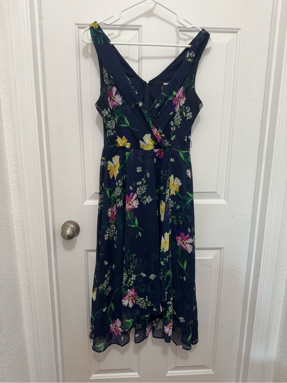 DKNY Navy faux wrap Midi Dress with Yellow & Pink Floral Print missing belt